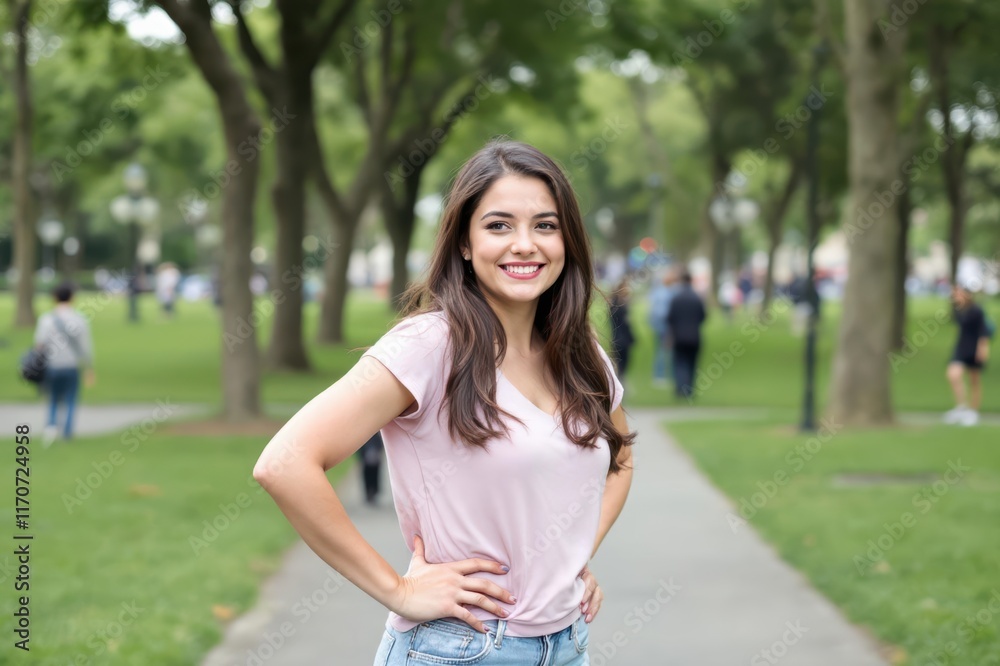 Smiling woman with hands on hip standing in public park Smiling woman with hands on hip standing in public park