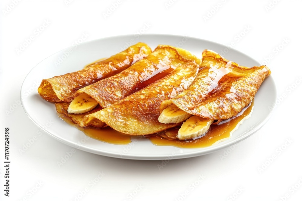 Delicious caramelized banana crepes drizzled with sweet syrup on a white plate. Delicious caramelized banana crepes drizzled with sweet syrup on a white plate.
