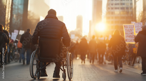 Protester with disability attending demonstration for equal rights and opportunities, using wheelchair in crowded street during sunset