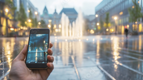 Hand holding smartphone, capturing a photo of a city square featuring a fountain, surrounded by evening lights at dusk