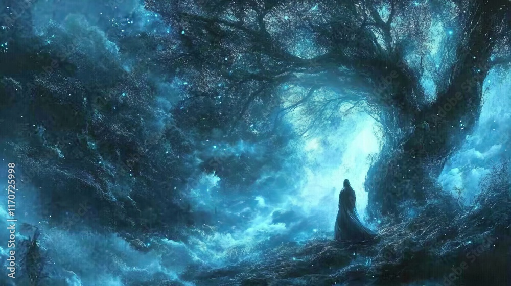 Ethereal Landscape with Mystical Tree Under Starry Sky Ethereal Landscape with Mystical Tree Under Starry Sky
