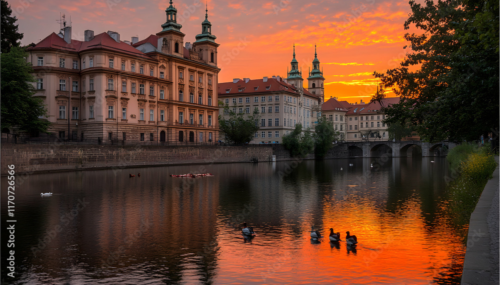 Fototapeta premium Stunning sunset over Prague's charming riverfront, reflecting vibrant colors on the water, with historic buildings and calm ducks.
