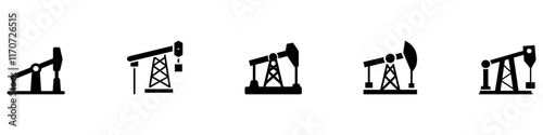 Oil rig sign. Oil drill platform. Pump Jack icon vector set. Oil Drilling symbol collection. Oil Pumping logo. Vector Illustration. EPS 10