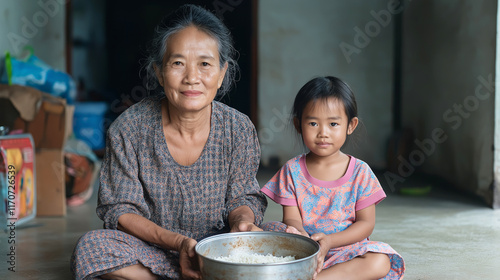 Asian family, grandmother and granddaughter, sharing a meal of rice in their simple home, highlighting themes of family, poverty, and basic living photo