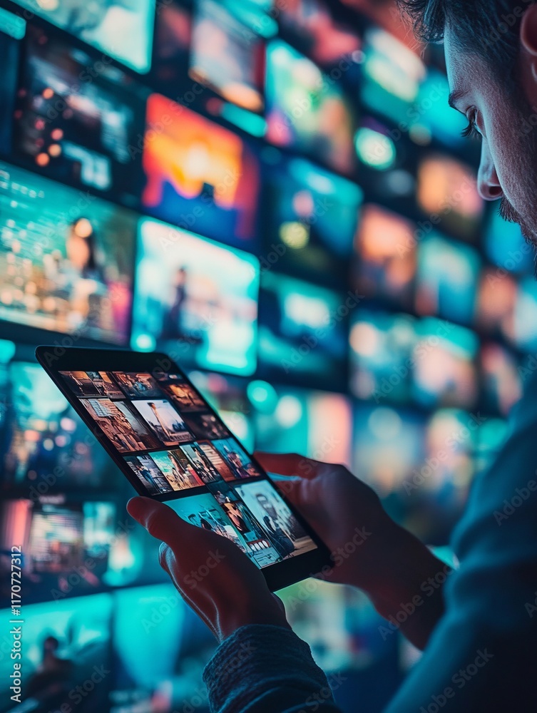 Video editor using digital tablet and choosing stock footage for project editing in post production studio