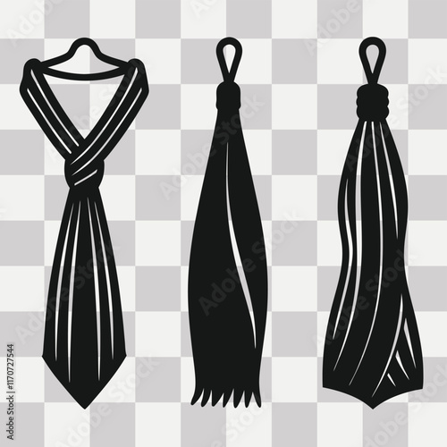  unique muffler styles arranged side by side, each tied differently, emphasizing clean lines and folds on a transparent checkered background.