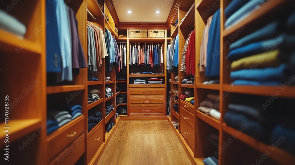 Well-organized walk-in closet with wood shelves and drawers, featuring various clothes. Well-organized walk-in closet with wood shelves and drawers, featuring various clothes.