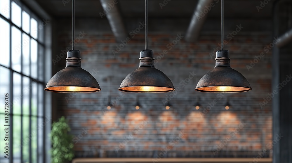 Obraz premium Three hanging metal lamps illuminating a grey loft interior. 3D Rendering, HD image