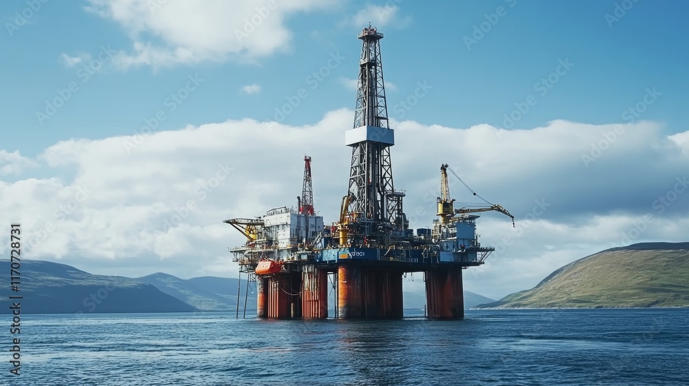 Offshore oil rig extracts fossil fuels in the open ocean. Offshore oil rig extracts fossil fuels in the open ocean.