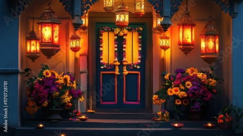 Illuminated doorway decorated with flowers and lanterns at night.