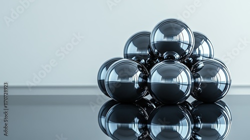 Reflective Spheres: A Study in Light and Form. This captivating image showcases a cluster of metallic spheres, their polished surfaces reflecting the surrounding environment with remarkable clarity.  photo