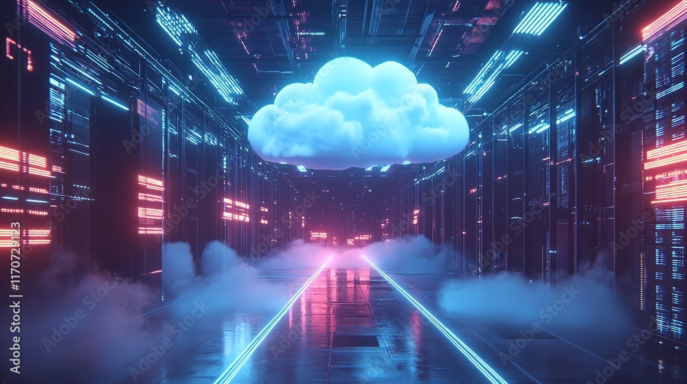 Obraz premium Futuristic Cloud Server Room Neon Lights Digital Art Abstract Technology Background red web data