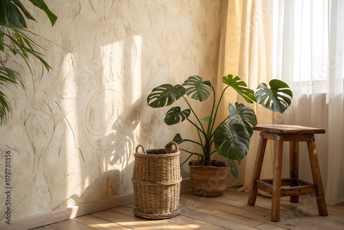 A warm living room with a beige stucco wall, a lush monstera plant in a rattan pot, a simple wooden stool, and soft sunlight filtering through a light sheer curtain for a cozy ambiance