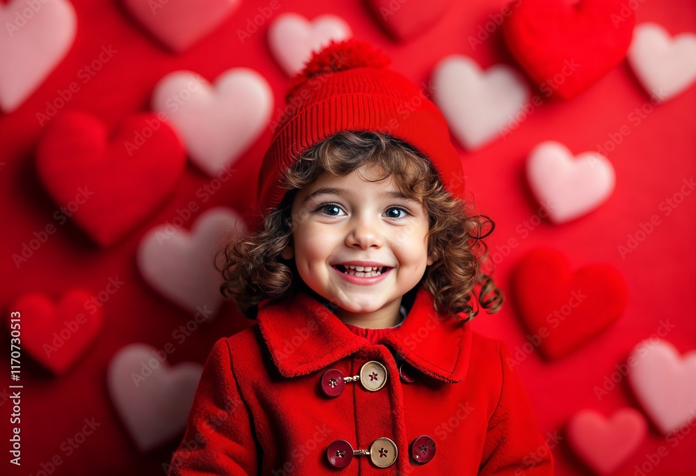 Joyful toddler dressed in a vibrant red coat and matching hat, set against a themed background with decorative heart elements, exuding warmth, happiness, and a playful, festive mood. Joyful toddler dressed in a vibrant red coat and matching hat, set against a themed background with decorative heart elements, exuding warmth, happiness, and a playful, festive mood.