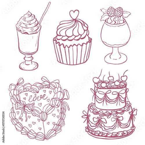Set od Sweet Desserts. Line Art Illustration.