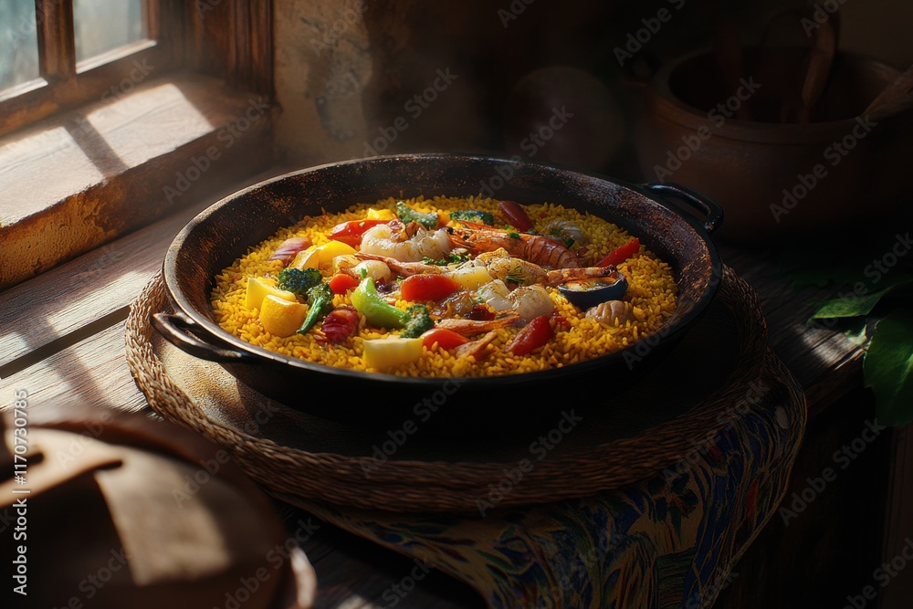 Vibrant seafood paella with colorful vegetables, simmering in a rustic kitchen setting.