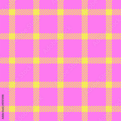 Checkered tartan vector fabric, new pattern textile seamless. Sensual check background plaid texture in magenta and yellow colors.