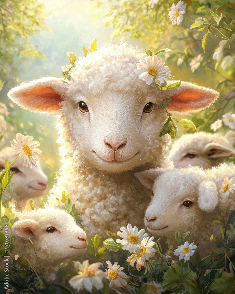 Fototapeta premium Adorable Sheep Surrounded by Flowers in a Serene Pastoral Landscape Scene