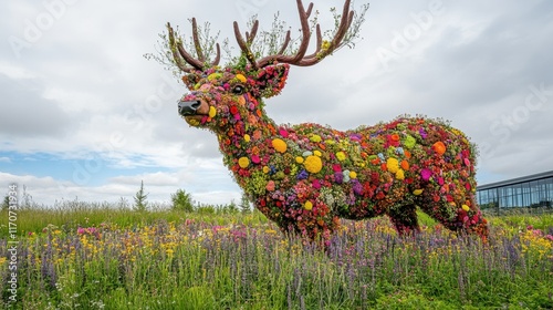 Colorful floral deer sculpture stands majestically in a lush garden under a cloudy sky in mid-spring. Generative AI photo