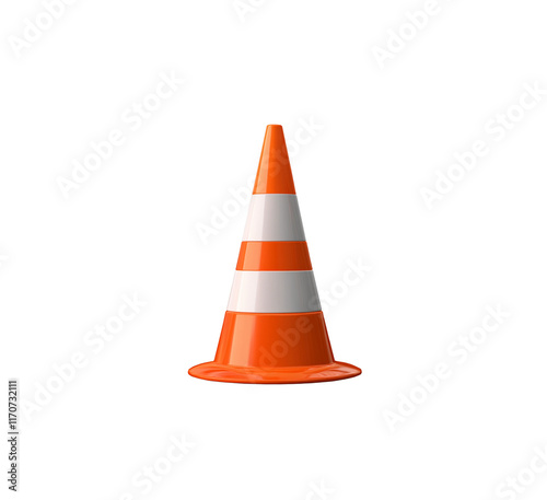 3D illustration of an orange traffic cone with white reflective stripes, typically used for road safety and traffic control purposes. Isolated on transparent background, png.