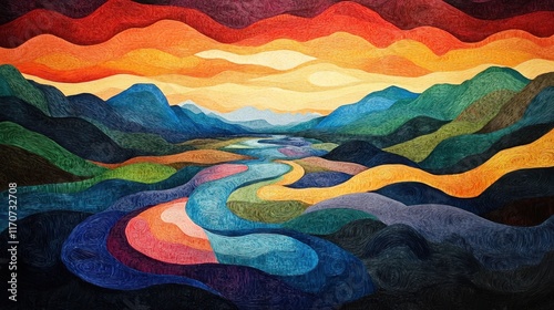 Fototapeta Naklejka Na Ścianę i Meble -  Vibrant sunset landscape quilt showcasing flowing river through colorful mountains and rolling hills in serene harmony. Generative AI
