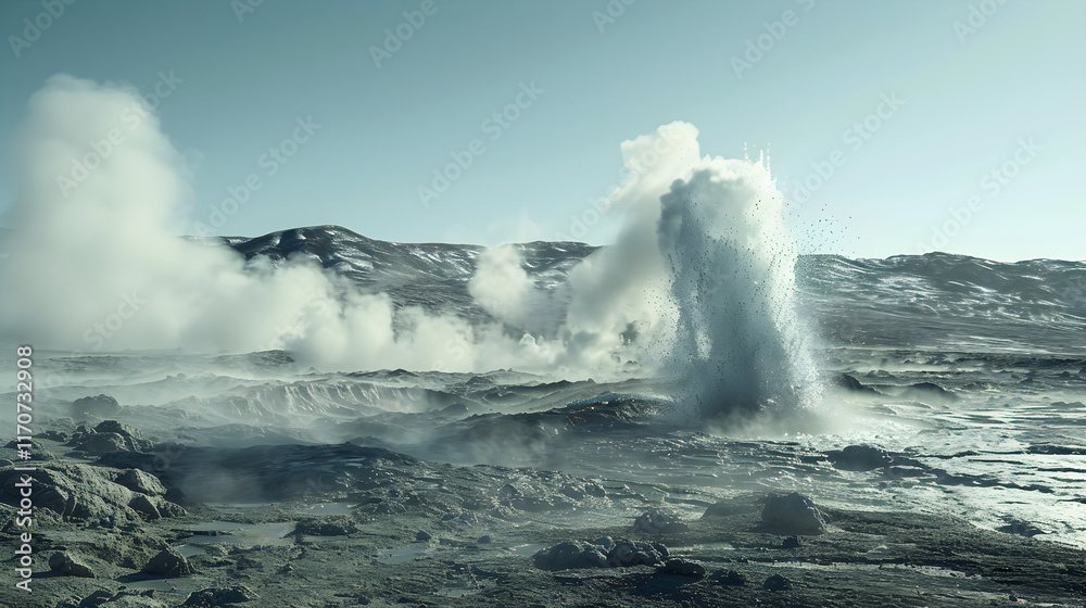 Majestic Geyser Eruption Displaying Nature's Raw Geothermal Power Amidst a Rugged, Pristine Landscape Majestic Geyser Eruption Displaying Nature's Raw Geothermal Power Amidst a Rugged, Pristine Landscape