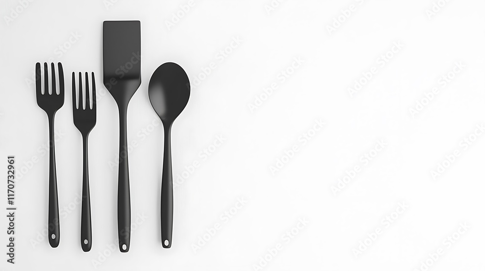 Fototapeta premium A black set of utensils including a fork, spoon, and spatula