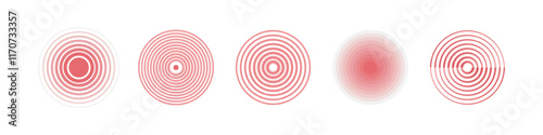 Red circles for marking human pain. Red rings. Pain place, localization sign and pain spots. Throbbing pain symbol on the body and joints.