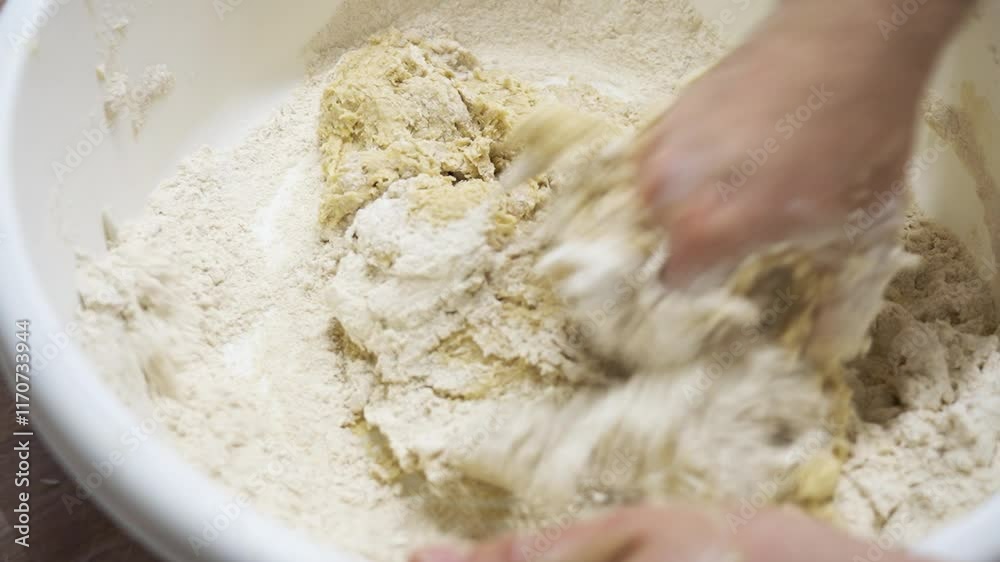 Hands kneading bejgli dough in a large bowl for Christmas pastry preparation