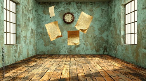 Floating Pages in Abandoned Room with Rustic Walls and Vintage Clock on the Wall