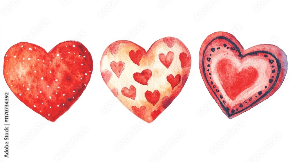 Fototapeta premium Stunning watercolor painting three red hearts isolated on white background. 3 Love symbols. Romantic affection. Romance, sentimentality. 14 February.