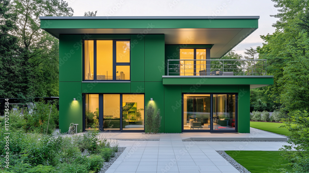 A modern emerald-green two-story house with a patio, small balcony, and large windows, surrounded by meticulously landscaped greenery. A modern emerald-green two-story house with a patio, small balcony, and large windows, surrounded by meticulously landscaped greenery.