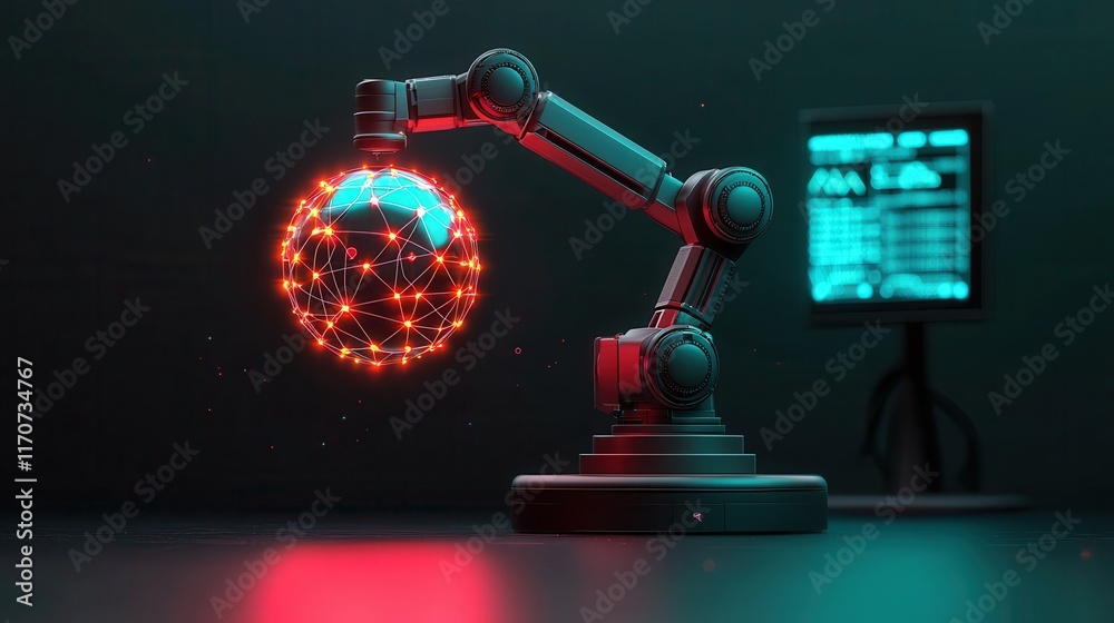 Obraz premium A futuristic energy facility harvesting power from a glowing, contained plasma sphere. Robotic arms monitor the energy transfer to nearby grids, with holographic dashboards displaying real-time 