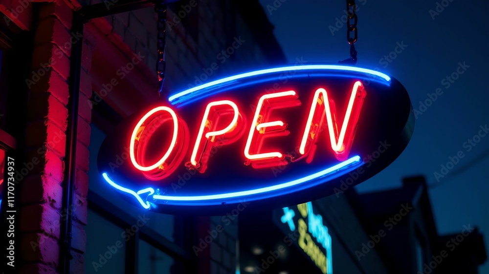 Open neon sign for retail business glowing brightly against the night sky. Open neon sign for retail business glowing brightly against the night sky.