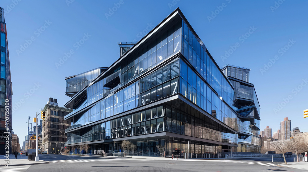 A multi-level building with a modern, glass-fronted design featuring complex geometric angles and faceted reflective glass panels rises in a city street scene. A multi-level building with a modern, glass-fronted design featuring complex geometric angles and faceted reflective glass panels rises in a city street scene.