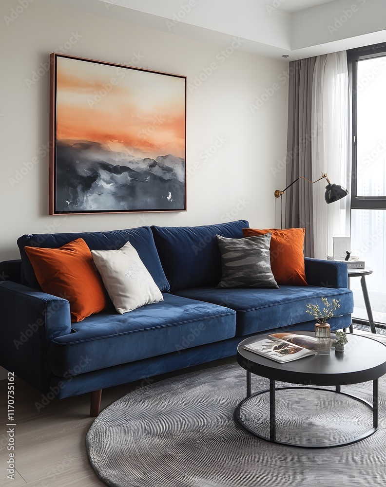 Fototapeta premium Modern Living Room Interior Design Featuring Blue Velvet Sofa