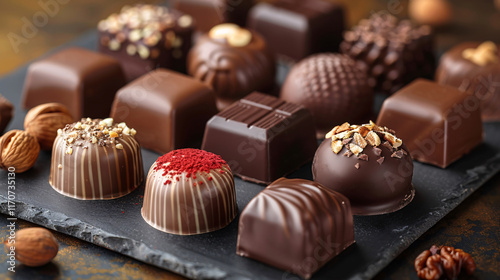 An arrangement of various gourmet chocolates and pralines showcasing different textures and tastes