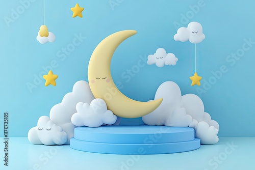 Crescent moon with podium, stars, clouds - badtime card. Sweet dream plasticine base background. World sleep Day - Cute illustration. Minimal 3d art style. Empty space for advertising baby products  photo