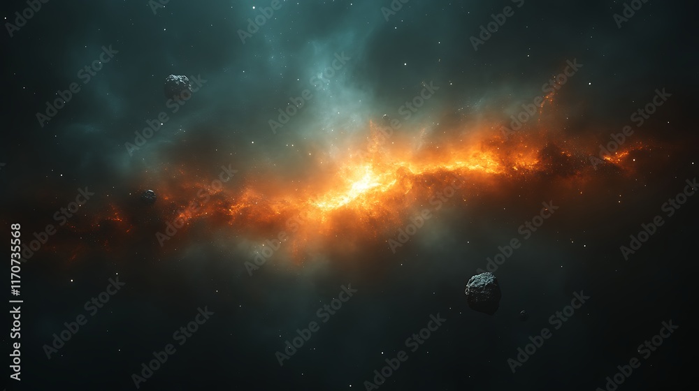 Fototapeta premium Fiery cosmic nebula with asteroids.