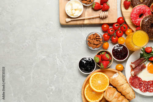 Wallpaper Mural Different tasty food served for brunch on grey marble table, flat lay. Space for text Torontodigital.ca