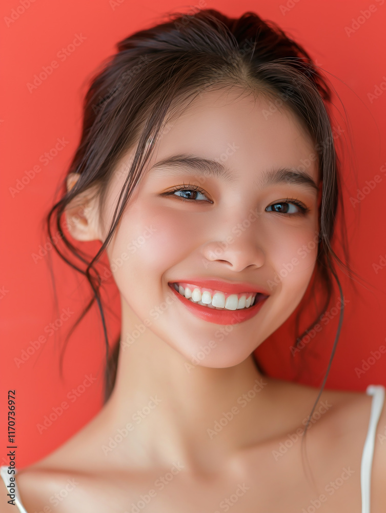 Beautiful smiling young Asian female with perfect skin on red background in studio shot. Copy space Beautiful smiling young Asian female with perfect skin on red background in studio shot. Copy space