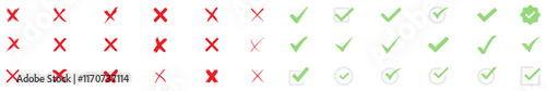Check mark icon button set. Check box icon with right and wrong buttons and yes or no checkmark icons in green tick box and red cross. Green check mark and red cross icon set, circle and square. EPS