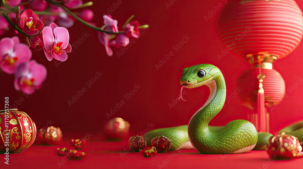 Fototapeta premium Lunar New Year banner. Chinese New Year 2025. Chinese zodiac green snake with orchid flowers and lanterns on red background. 