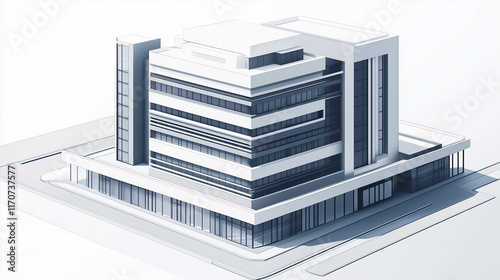 An isometric blueprint rendering of a modern high-rise building, showcasing geometric designs, defined horizontal bands, and minimalistic windows in a clean gray and white palette.