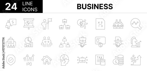 Collection of 24 busines line icons featuring editable strokes. These outline icons depict various modes of business, accounting, agreements, inspecting, award, budget, businessman, calculating, caree