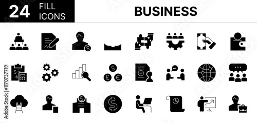 Collection of 24 busines fill icons featuring editable strokes. These outline icons depict various modes of business, accounting, agreements, inspecting, award, budget, businessman, calculating, caree
