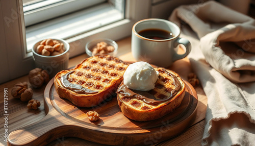 Grilled bread served with a generous scoop of ice cream, drizzled with caramel sauce, accompanied by a cup of coffee and walnuts, creating a warm and inviting dessert ambiance.

