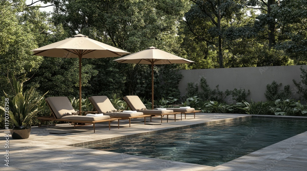 Relaxing Outdoor Pool Area with Lounge Chairs and Umbrellas Relaxing Outdoor Pool Area with Lounge Chairs and Umbrellas