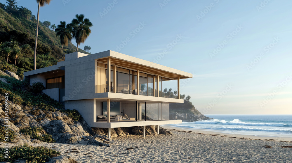 Modern beach house situated on a hillside overlooking the ocean. Modern beach house situated on a hillside overlooking the ocean.