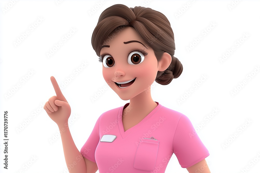 Friendly healthcare worker with a welcoming smile points to share helpful information in a bright environment Friendly healthcare worker with a welcoming smile points to share helpful information in a bright environment